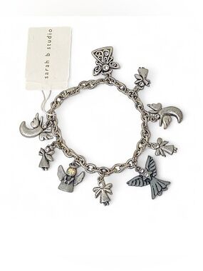 Sarah B Studio Guardian Angel Charm Bracelet Gunmetal Rhinestone 7.25”